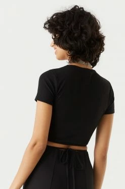 Stitches Ladies Ribbed Cut-Out Crisscross Waist Cropped Top