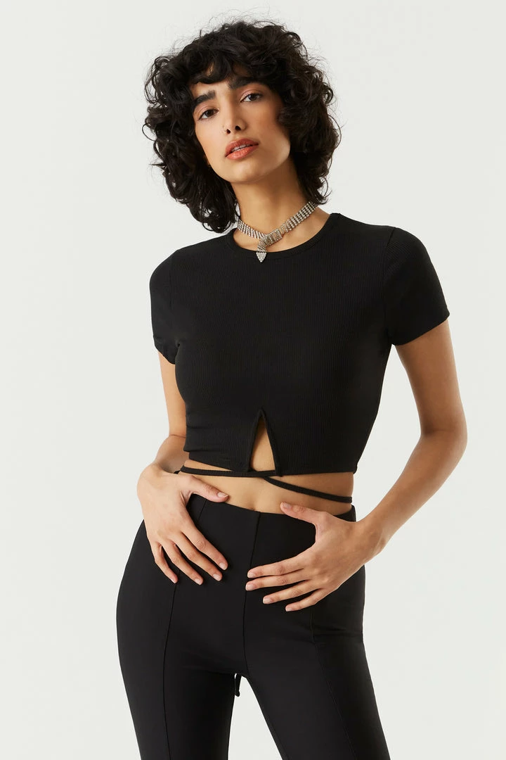 Stitches Ladies Ribbed Cut-Out Crisscross Waist Cropped Top 1 Stitches Ladies Ribbed Cut-Out Crisscross Waist Cropped Top