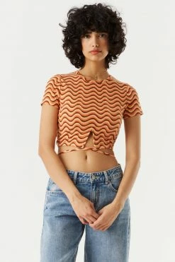 Stitches Ladies Wavy Print Cut-Out Crisscross Waist Cropped Top