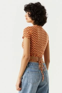 Stitches Ladies Wavy Print Cut-Out Crisscross Waist Cropped Top