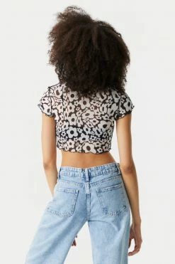 Stitches Ladies Groovy Floral Print Exposed Seams Mesh Crop Top Tops