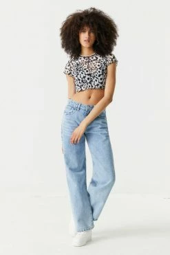 Stitches Ladies Groovy Floral Print Exposed Seams Mesh Crop Top Tops