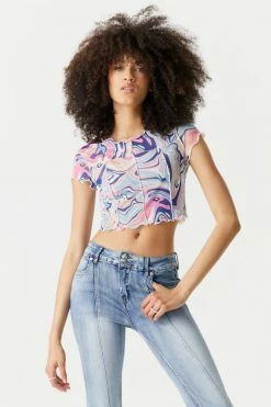 Stitches Ladies Purple Marble Print Exposed Seams Mesh Crop Top Tops