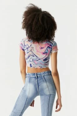 Stitches Ladies Purple Marble Print Exposed Seams Mesh Crop Top Tops