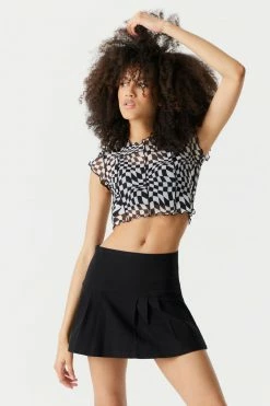 Stitches Ladies Tops Warped Black Checkered Print Exposed Seams Mesh Crop Top