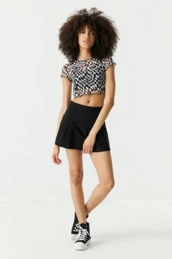 Stitches Ladies Tops Warped Black Checkered Print Exposed Seams Mesh Crop Top