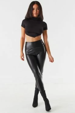 Stitches Ladies Tops Mock Neck Self-Tie Open Back Pointed Hem Cropped Top