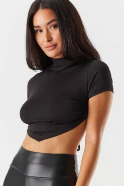 Stitches Ladies Tops Mock Neck Self-Tie Open Back Pointed Hem Cropped Top