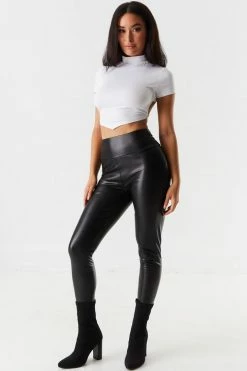 Stitches Ladies Tops Mock Neck Self-Tie Open Back Pointed Hem Cropped Top