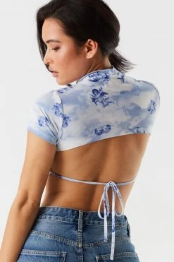 Stitches Ladies Printed Mock Neck Self-Tie Open Back Pointed Hem Cropped Top