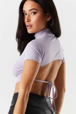 Stitches Ladies Tops Mock Neck Self-Tie Open Back Pointed Hem Cropped Top