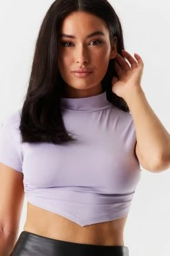 Stitches Ladies Tops Mock Neck Self-Tie Open Back Pointed Hem Cropped Top