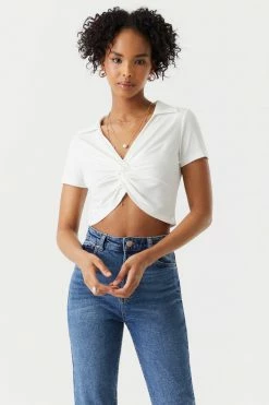 Stitches Ladies Soft Ribbed Front Knot Crop Polo Tops