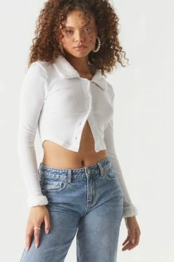 Stitches Ladies Ribbed Fur Collar Cropped Cardigan Sweaters 15 Stitches Ladies Ribbed Fur Collar Cropped Cardigan Sweaters