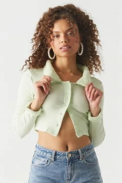 Stitches Ladies Ribbed Fur Collar Cropped Cardigan Sweaters