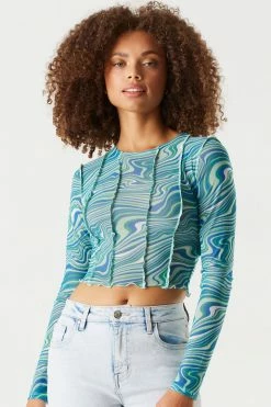 Stitches Ladies Mesh Exposed Seams Printed Long Sleeve Cropped Top Tops