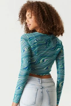 Stitches Ladies Mesh Exposed Seams Printed Long Sleeve Cropped Top Tops