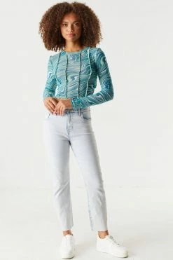 Stitches Ladies Mesh Exposed Seams Printed Long Sleeve Cropped Top Tops 5 Stitches Ladies Mesh Exposed Seams Printed Long Sleeve Cropped Top Tops