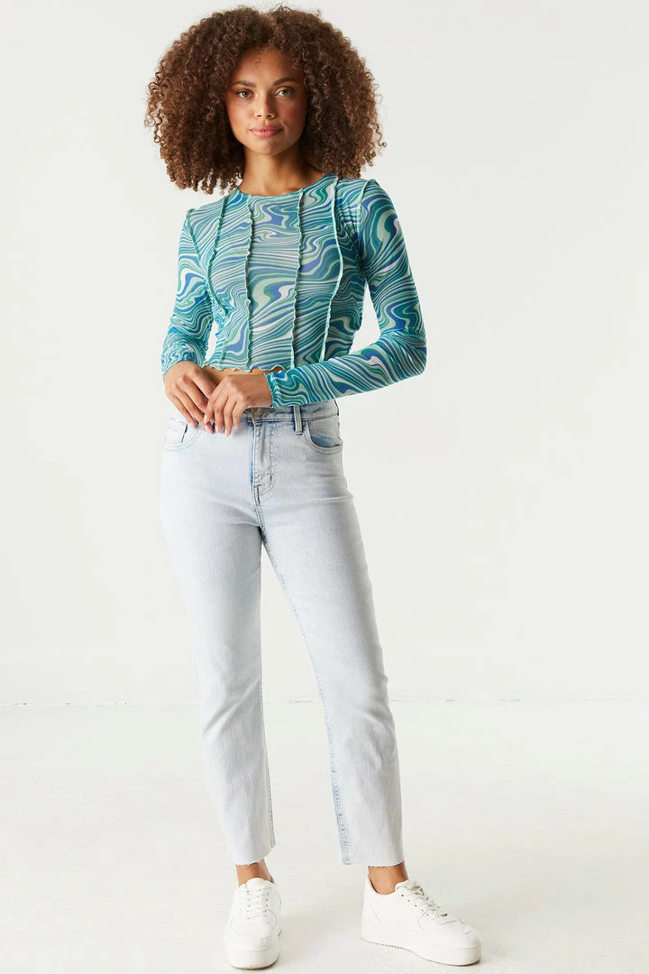 Stitches Ladies Mesh Exposed Seams Printed Long Sleeve Cropped Top Tops 3 Stitches Ladies Mesh Exposed Seams Printed Long Sleeve Cropped Top Tops