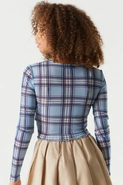 Stitches Ladies Mesh Exposed Seams Tartan Printed Long Sleeve Cropped Top