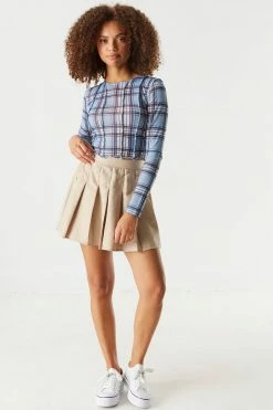 Stitches Ladies Mesh Exposed Seams Tartan Printed Long Sleeve Cropped Top 5 Stitches Ladies Mesh Exposed Seams Tartan Printed Long Sleeve Cropped Top