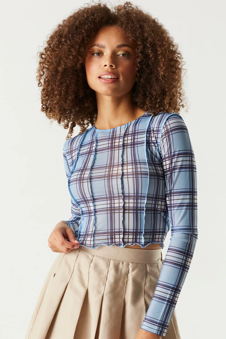 Stitches Ladies Mesh Exposed Seams Tartan Printed Long Sleeve Cropped Top 1 Stitches Ladies Mesh Exposed Seams Tartan Printed Long Sleeve Cropped Top