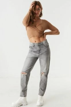 Stitches Ladies Ribbed V-Neck Surplice Cropped Top