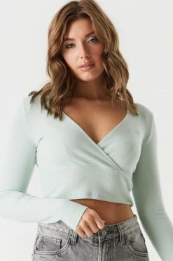 Stitches Ladies Ribbed V-Neck Surplice Cropped Top