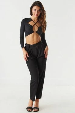 Stitches Ladies Tops Front Cut-Out Long Sleeve Cropped Top