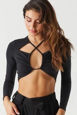 Stitches Ladies Tops Front Cut-Out Long Sleeve Cropped Top