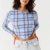 Stitches Ladies Soft Printed Plaid Pointed Hem Long Sleeve Top