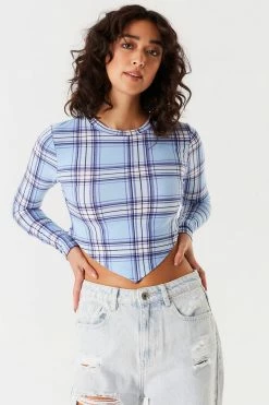 Stitches Ladies Soft Printed Plaid Pointed Hem Long Sleeve Top