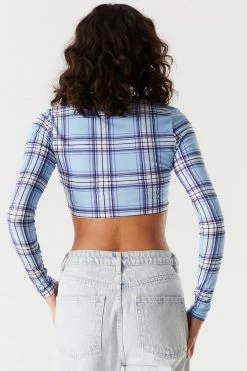 Stitches Ladies Soft Printed Plaid Pointed Hem Long Sleeve Top