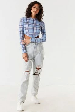 Stitches Ladies Soft Printed Plaid Pointed Hem Long Sleeve Top 5 Stitches Ladies Soft Printed Plaid Pointed Hem Long Sleeve Top