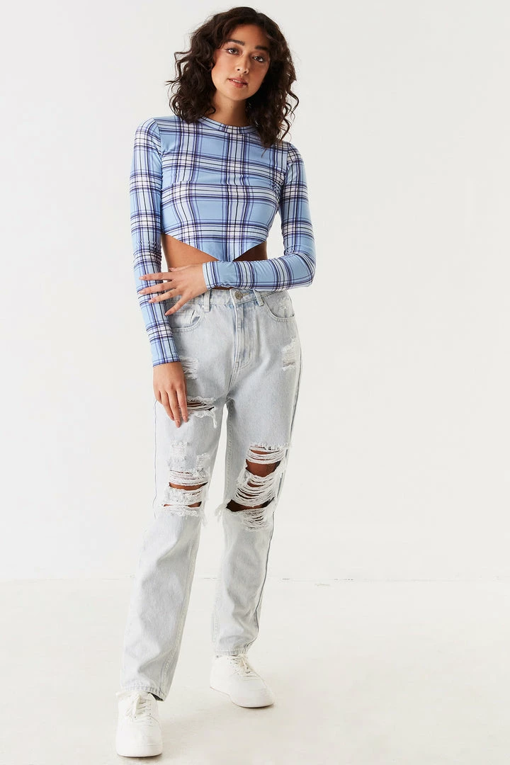 Stitches Ladies Soft Printed Plaid Pointed Hem Long Sleeve Top 3 Stitches Ladies Soft Printed Plaid Pointed Hem Long Sleeve Top