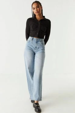 Stitches Ladies Soft Ribbed Ruched Button-Up Polo Top