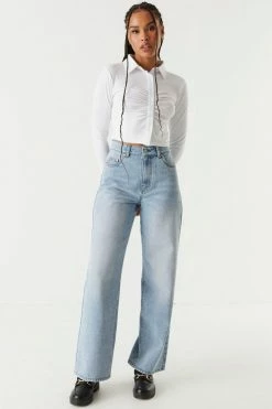 Stitches Ladies Soft Ribbed Ruched Button-Up Polo Top