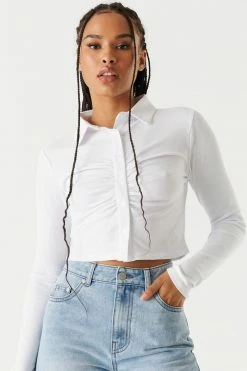 Stitches Ladies Soft Ribbed Ruched Button-Up Polo Top