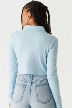 Stitches Ladies Soft Ribbed Ruched Button-Up Polo Top