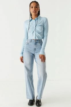 Stitches Ladies Soft Ribbed Ruched Button-Up Polo Top