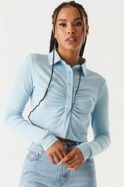 Stitches Ladies Soft Ribbed Ruched Button-Up Polo Top