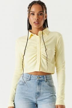 Stitches Ladies Soft Ribbed Ruched Button-Up Polo Top