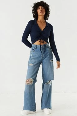 Stitches Ladies Tops Soft Collared Ruched Tie-Front Long Sleeve Top 12 Stitches Ladies Tops Soft Collared Ruched Tie-Front Long Sleeve Top