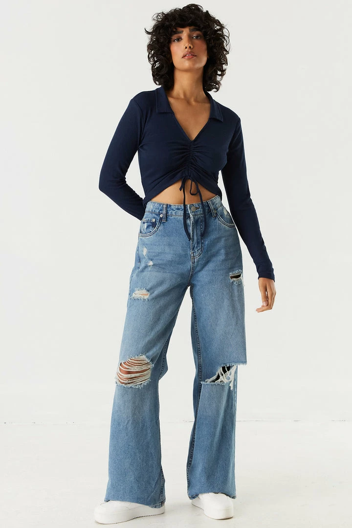 Stitches Ladies Tops Soft Collared Ruched Tie-Front Long Sleeve Top 4 Stitches Ladies Tops Soft Collared Ruched Tie-Front Long Sleeve Top