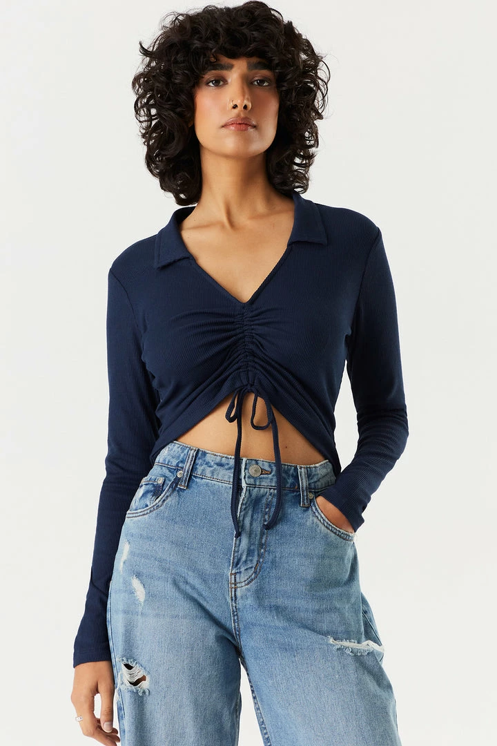 Stitches Ladies Tops Soft Collared Ruched Tie-Front Long Sleeve Top 2 Stitches Ladies Tops Soft Collared Ruched Tie-Front Long Sleeve Top