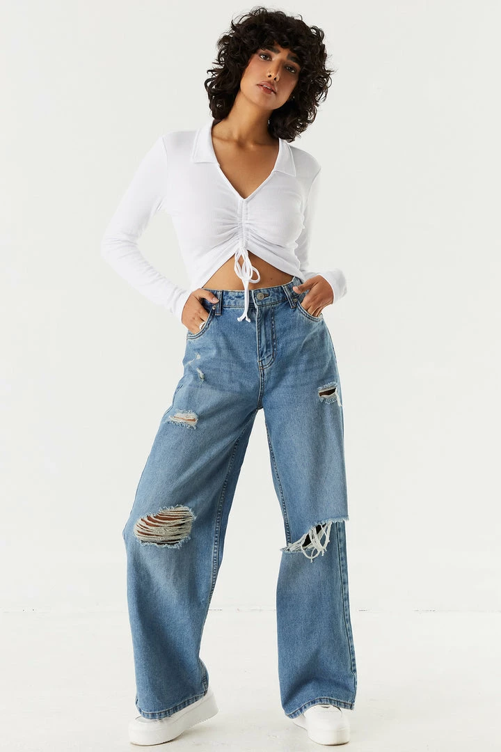 Stitches Ladies Tops Soft Collared Ruched Tie-Front Long Sleeve Top 7 Stitches Ladies Tops Soft Collared Ruched Tie-Front Long Sleeve Top