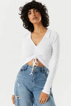 Stitches Ladies Tops Soft Collared Ruched Tie-Front Long Sleeve Top 13 Stitches Ladies Tops Soft Collared Ruched Tie-Front Long Sleeve Top