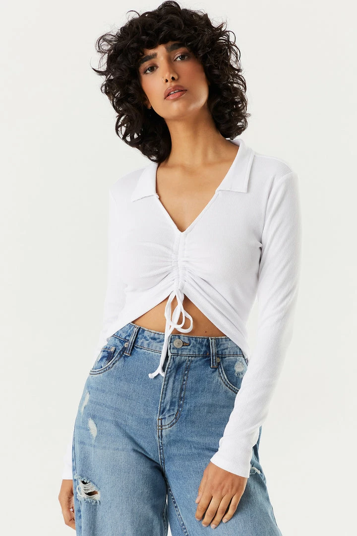 Stitches Ladies Tops Soft Collared Ruched Tie-Front Long Sleeve Top 5 Stitches Ladies Tops Soft Collared Ruched Tie-Front Long Sleeve Top