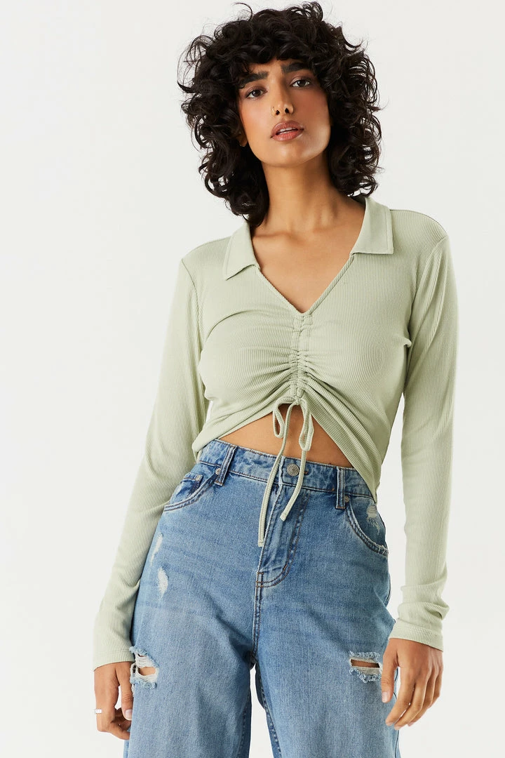 Stitches Ladies Tops Soft Collared Ruched Tie-Front Long Sleeve Top 1 Stitches Ladies Tops Soft Collared Ruched Tie-Front Long Sleeve Top