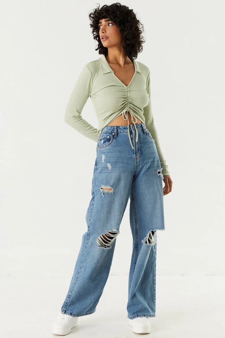 Stitches Ladies Tops Soft Collared Ruched Tie-Front Long Sleeve Top 9 Stitches Ladies Tops Soft Collared Ruched Tie-Front Long Sleeve Top